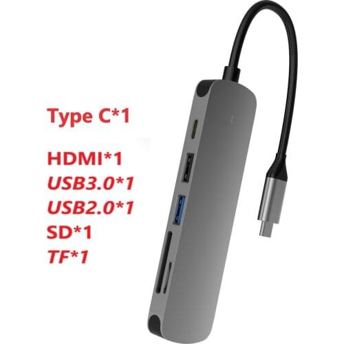 6 in 1 Type-C Hub To HDMI Adapter 4K USB Docking Station C Hub With 3.0 TF SD Reader Slot PD for MacBook Pro/Air/Huawei Mate