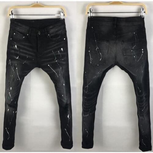 Streetwear Denim Punk Trousers Black Color Fashion Designer Men Jeans Painted Destroyed Ripped Jeans For Men Hip Hop Slim Pants