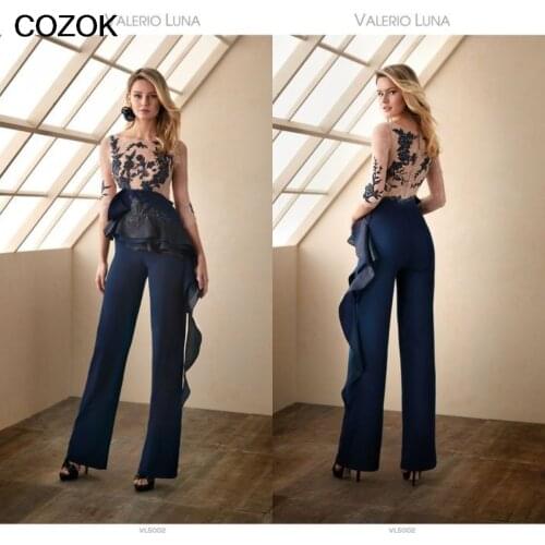 Dark Blue Jumpsuits 2021 Mother of the Bride Dresses Pant Suits Wedding Guest Gowns Long Sleeve Lace Appliqued Mothers Groom