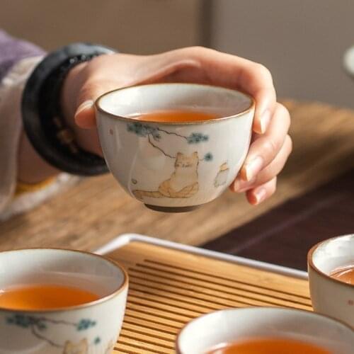 Creative Ceramic Handmade Large Capacity Teacup Hand-painted Cute Cat Porcelain Tea Cup Chinese Kung Fu Water Cup Drinkware