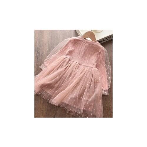 Imcute Girl’s Fashion Mesh Yarn Stitching Dress Sweet Solid Color Round Neck Puff Sleeve Children Dress