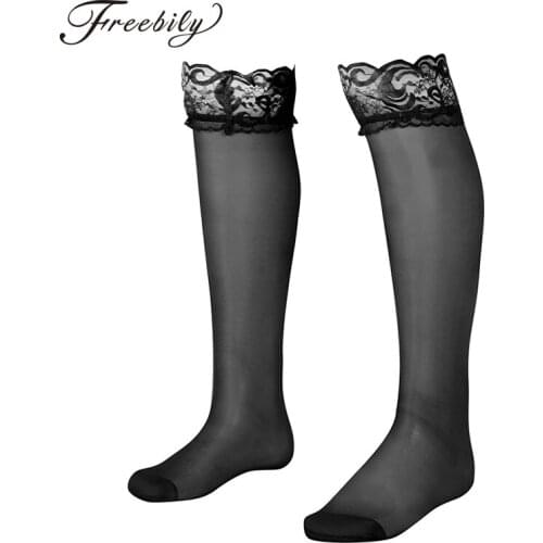 Men Thigh High silks Socks Ultra Thin Sheer Sexy Male Gay Stockings Soft Mesh See through Mens Anti-slip socks Sissy Stocking