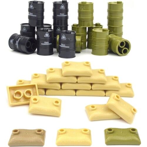 Sandbags Military Accessories bricks Oil Drum Swat Weapon Soldier WW2 Army MOC Parts Building Block Military scene series