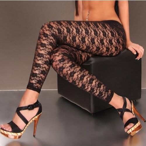 New Flower Lace See-through Leggings Pants Women High Waist Pants Erotic Sexy Fitness Skinny Pants Exotic Apparel Exotic Pants