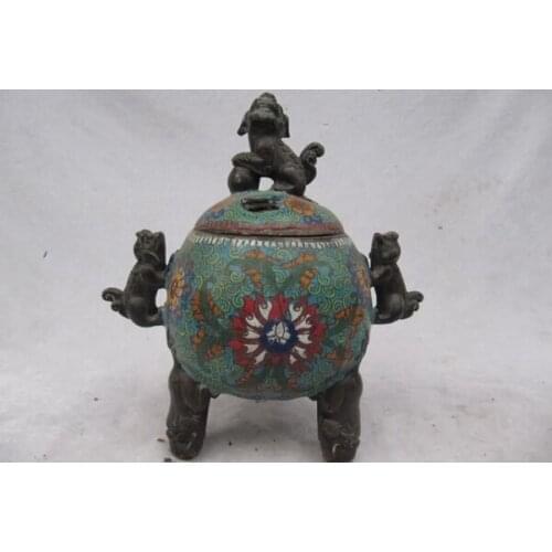 Song voge gem S1352 Fane Pure Bronze cloisonne Three Fu Foo Dog Lion Buddhism Censer incense burner