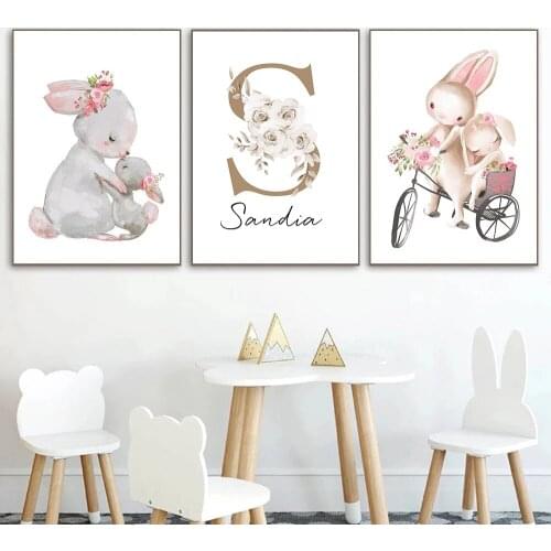 Pertsonalized Kids Name Poster Custom Baby Room Nursery Wall Art Print Flower Bunny Rabbit Canvas Painting Decoration Picture