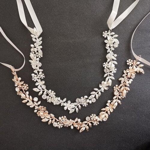 SLBRIDAL Handmade Alloy Flower Leaf Freshwater Pearls Zircon Bridal Hair Vine Headband Wedding Hair Accessories Women Jewelry