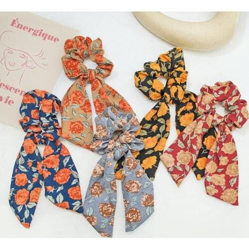 Chiffon Hairband Flower Printed Streamer Hair Tie Girls Sen Tie Knotted Floral Bow Hair Tie headwrap holiday jewelry scrunchie