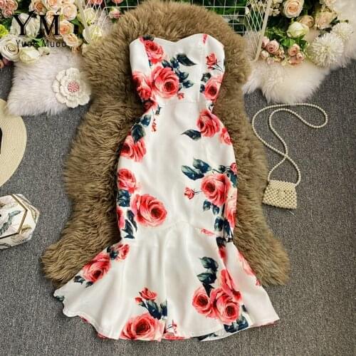 YuooMuoo Brand Fashion Strapless Party Dress New Arrival 2021 Summer Flower Print Women Dress Elegant Off Shoulder Mermaid Dress