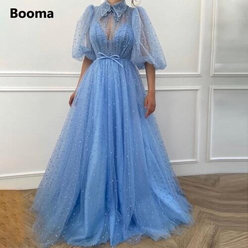 Booma Sky Blue Dotted Tulle Prom Dresses Half Puff Sleeves Appliqued Collar Evening Dresses Bow Belt A-Line Sheer Prom Gowns