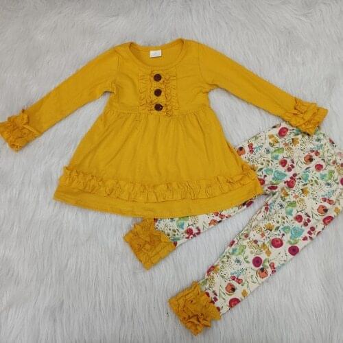 Autumn Winter Floral Newborn Baby Girl Clothes Solid color shirt & Ruffle Pants 2PCS Long Sleeve Outfits Kids RTS Clothing
