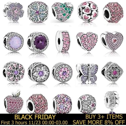 2020 New Purple Pink Flower Apple Waterdrop Butterfly Heart DIY Jewelry Bead Fit Pandora Bracelet 925 Silver Charms Gift for Mom