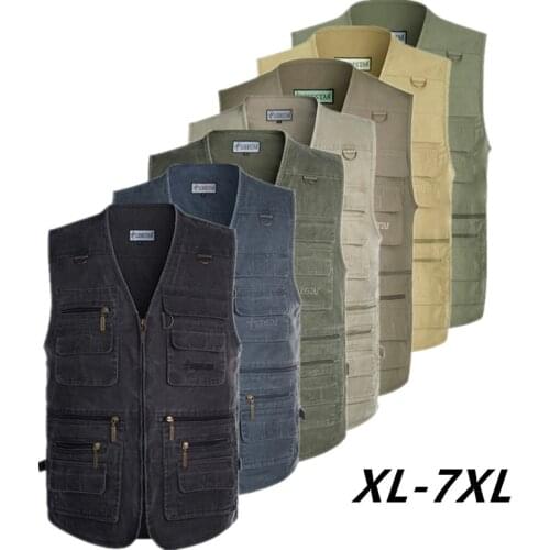 Big Size 6XL 7XL Mens Denim Vests Multi-Pocket Cotton Sleeveless Vest Men Casual Outdoor Fishing Photograph Male Jean Waistcoat