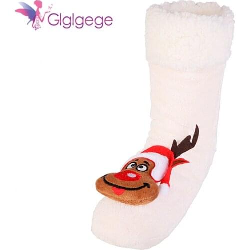 Glglgege Female Autumn Winter Plush Cotton Socks Women Keep Warm Free Size Cute Cartoon Floor Slippers Short Christmas Socks