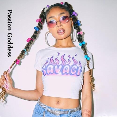 Harajuku Women Flame Printed T Shirt Summer Fire Pattern Short Sleeve O Neck Crop Shirts Y2K Style Cute Women Tops 2021