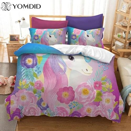 Cartoon Horse Bedding set Unicorn Flower Printed Duvet Cover Sets Pillowcase 3d Printing Polyester fabric Bedroom Bedding Set