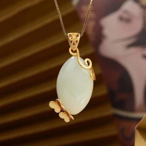 Natural Hotian Jade Pendant S925 Sterling Silver Fashion Simple and Popular Retro Style Elegant Butterfly Sweater Chain Necklace