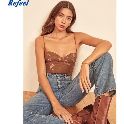 Summer women camis short sexy casual sleeveless floral print brown tank top slim adjustable slim top spaghetti straps