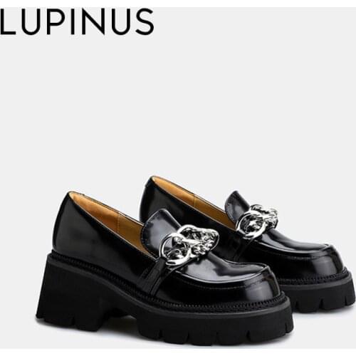 LUPINUS Fashion Silver Chain Design Women loafers 2021 New Chunky Heel Women Single Shoe Spring Platform Leather Shoe For Women