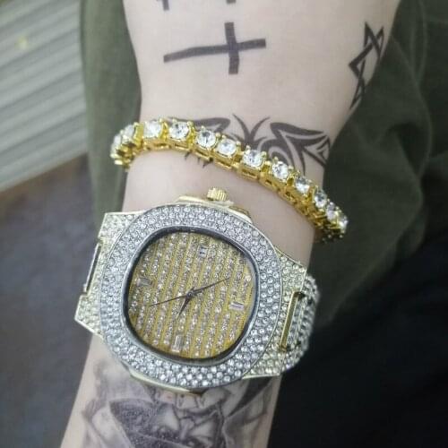 Hip hop Men Jewelry Hip Hop Men Watch & Bracelets Ice Out Cuban Crystal Miami Braclete Chain Combo Set Hip Hop Jewerly For Men