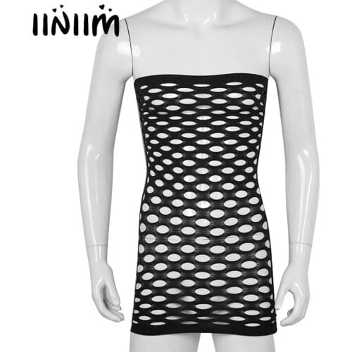 Iiniim Men Adults Skinny Hollow Out Lingerie Babydolls for Male Stretchy Tops Pantyhose Stockings Costumes Sleepwear Nightwear