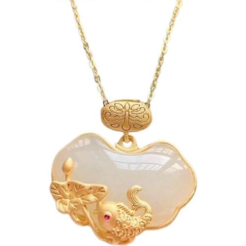 2020 New original inlaid natural Hetian Chalcedony carp lotus Chinese retro style temperament women pendant necklace accessorie