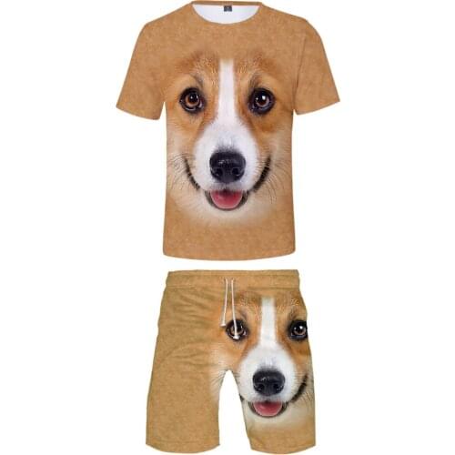 New 3D animal T-shirt + beach shorts male / female hip hop summer casual 3D dog print boy / girl two-piece fashion cool