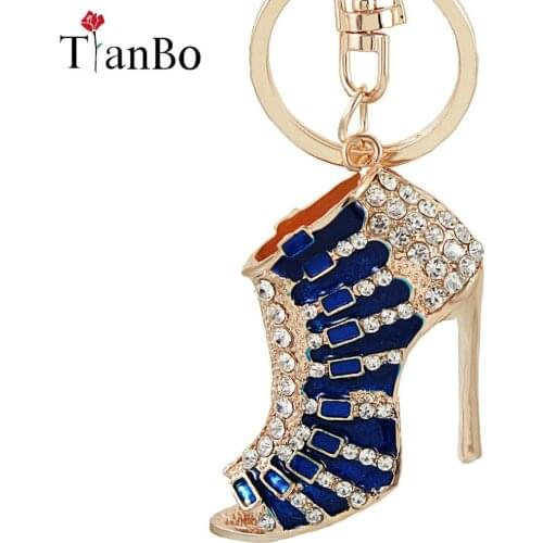 Charm Blue High Heel Shoes Keyrings Keychains Crystal Trendy Purse Bag Buckle Bag Pendant for Car Key Chains Jewelry