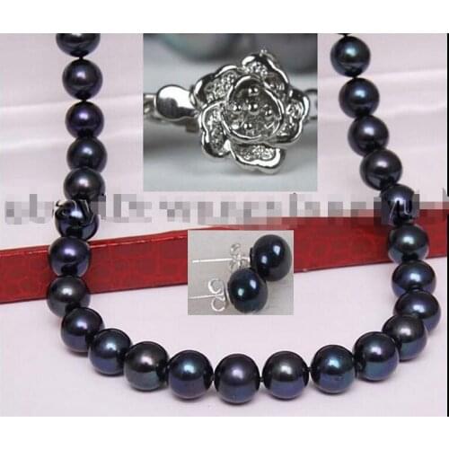 Beautiful 18" 48" 8-9mm Natural Black Cultured Pearl Necklace + Earrings Set