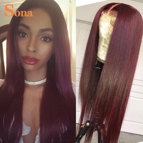 #99J Color Dark Red Human Hair Wig PrePlucked 180% Brazilian Remy Straight Burgundy Lace Front Wig For Women
