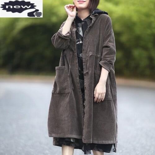 Vintage Women Oversized Corduroy Long Trench Coat Loose Fit Casual Outerwear Pocket Lace Up Retro Windbreaker Sobretudo Feminino