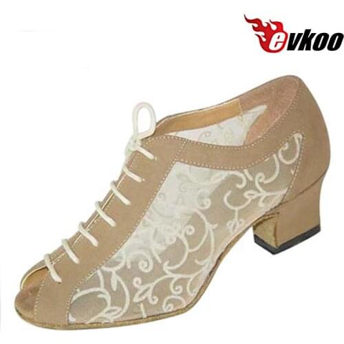 Evkoodance Practise Dance Shoes Black And Khaki Nubuck And Pattern Mesh 4.5cm Woman Ballroom Shoes Standard Evkoo-016