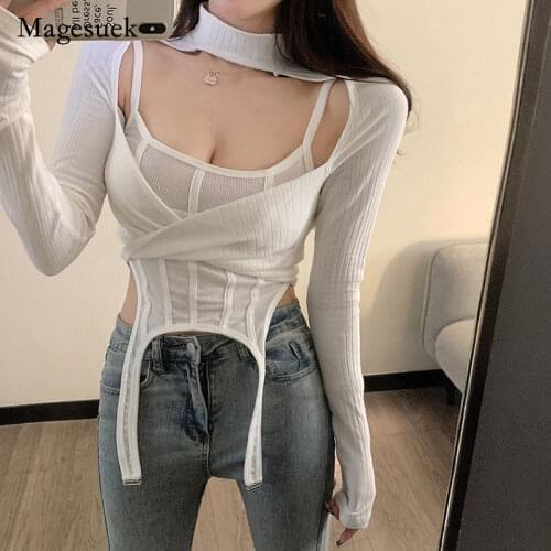 Two Piece Slim Long Sleeve Blouse 2021 Sexy Sleeveless Tops for Women Spicy Girl Irregular Vest Knitting Blouse Blusas 15440