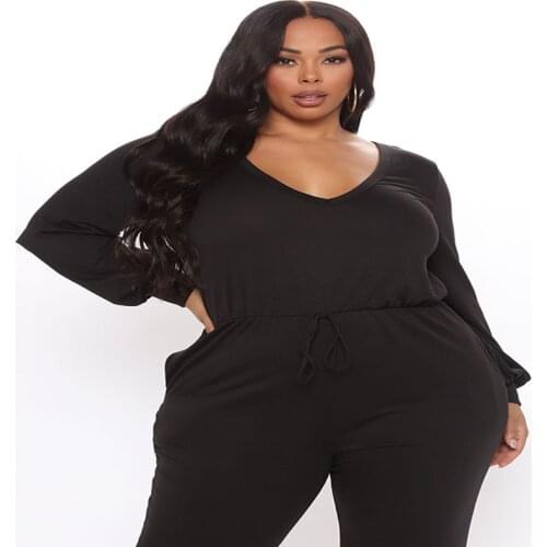 V-neck hollow out black jumpsuit women plus size casual bodysuit fashion jump suit for woman 2021 new autumn clothes oversized