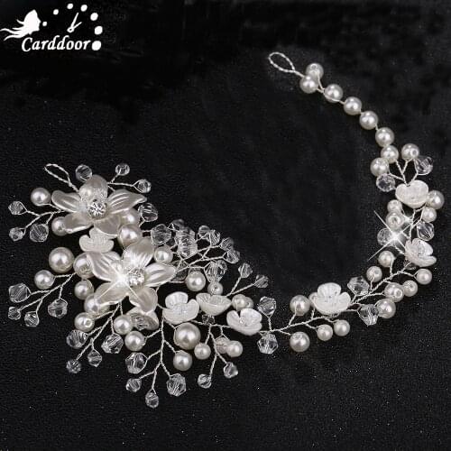 Carddoor Fashion Bridal headband Wedding Hair Accessories Tiaras handmade Flower Pearls Crystal headpiece for Women Hair Jewelry