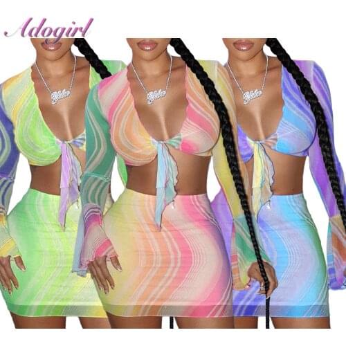 Women Summer Tie Dye Two Piece Set Casual Rainbow Mesh Flare Long Sleeve Blouse Crop Tops Mini Skirt Outfit Beach Matching Sets