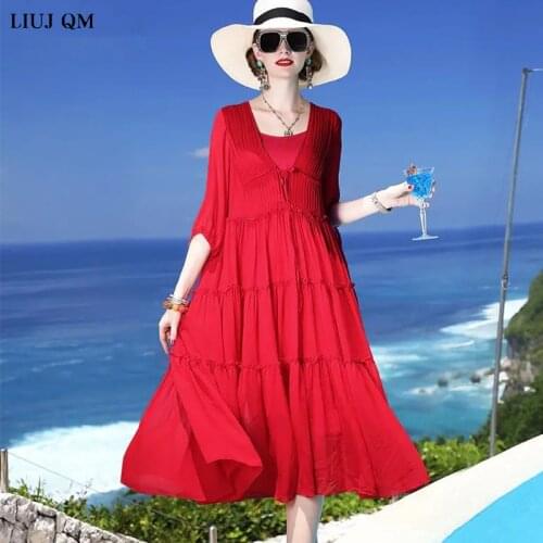 Plus size Sundress Loose V-neck Dress Summer Women 2021 Flower Print dress Half sleeve Holiday long dress Elegant