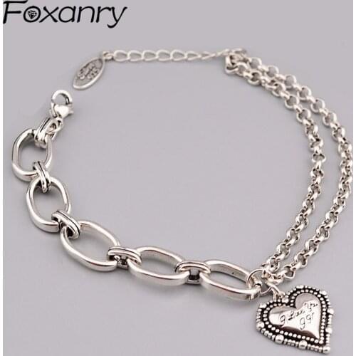 FOXANRY 925 Sterling Silver Bracelets for Women Fashion Hip Hop Vintage Double Layer Chain LOVE Heart Party Jewelry Wholesale
