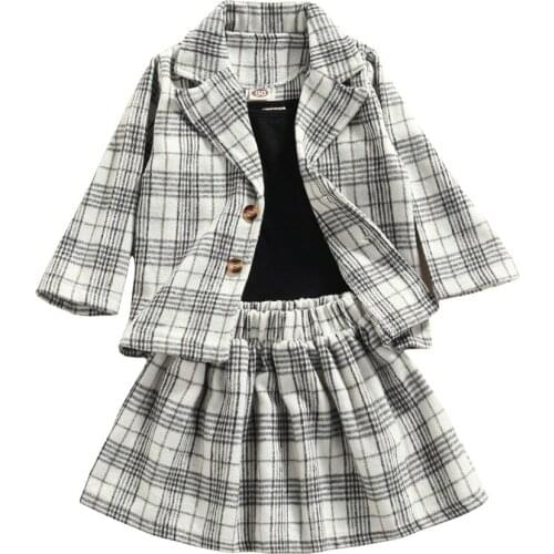 2-7Years Infant Kids Baby Girls 3Pcs Clothes Set Sleeveless Vest Long Sleeve Coat Skirts Plaid Spring Autumn Outfits