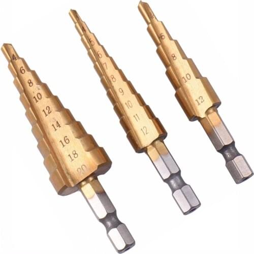 3pcs Steel 3-12mm 4-12mm 4-20mm Hss Titanium Step Drill Bits Step Cone Cutting Tools Woodworking Wood Metal Drilling Set