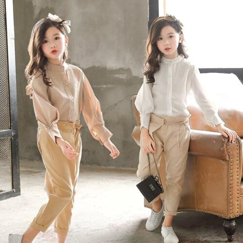 Spring Autumn 5-16Y Cotton Big Girls Blouse White/ Khaki Clothes Child Long Sleeve School Girl Shirt Kids Teenage Tops CA1631
