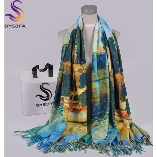 [BYSIFA] Blue Winter Scarves Shawls Fashion Utralong Cashmere Pashmina Printed 200*70cm Ladies Neck Scarf Hijab Echarpes chales