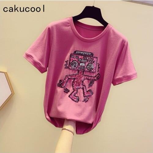 Cakucool Summer Tee Tops Women Sequins Robot Pullover tshirt Short Sleeve O-neck Chic Girls Tees Loose Casual T Shirt pink Femme