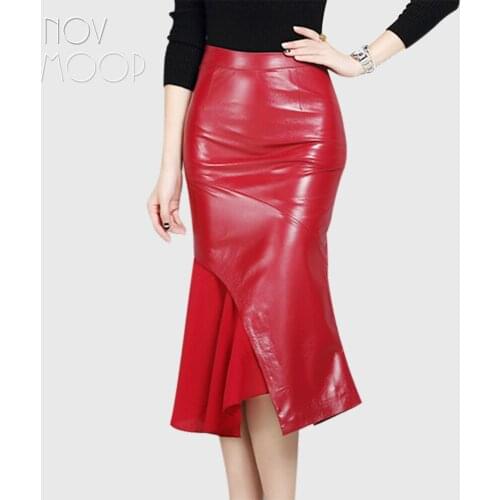 Designer black red solid genuine leather skirts women sheepskin mermaid skirt chiffon spliced faldas jupe saia etek LT960