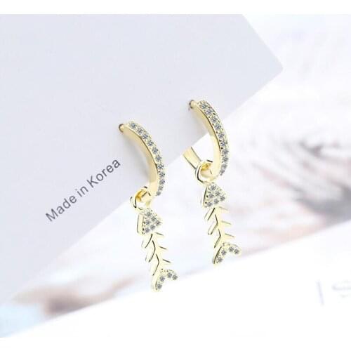 KOFSAC New Trendy 925 Sterling Silver Earrings For Women Shiny Zircon Fish Bone Gold Earring Lady Valentines Day Jewelry Gifts
