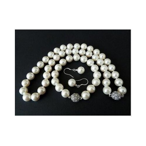 14MM Natural White South Sea Shell Pearl Necklace Bracelet Earrings Set AAA