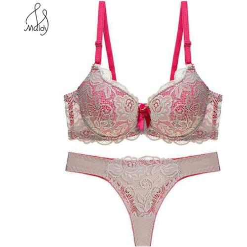 Maidy Big Size Ladies Padded Bra Set 3/4 Cup Underwire Push Up Bra Sets Sexy Lace Bras Set Female Underwear Thong Brassiere