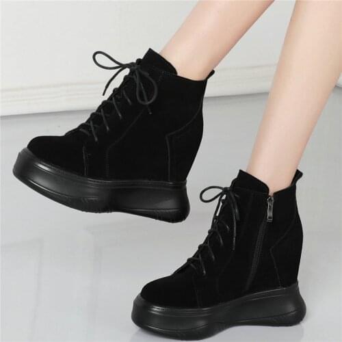 Fashion Sneakers Women Genuine Leather Wedges High Heel Vulcanized Shoes Female Lace Up High Top Round Toe Trainers Casual Shoes