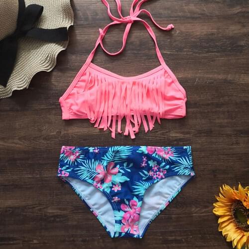 6-14 Years Girl Swimsuit Kids Tassel Teenage Girl Bikini Set Halter Top Two Piece Childrens Swimwear Bandage Girls Bathing Suit