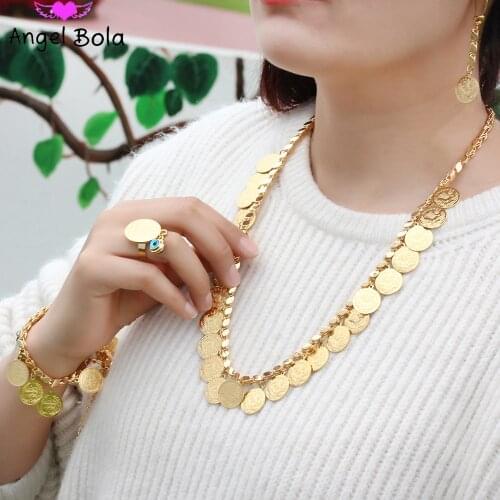 Muslim Fashion Women Luxury Set Necklace Bracelet Earrings Ring Coin Shaped Lady Glamour Set Wedding Jewelry Set High-end Gift